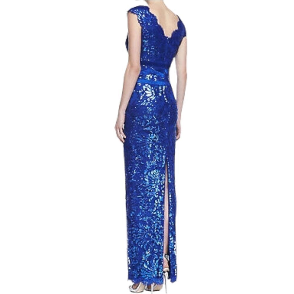 TADASHI SHOJI Paillette Embroidered Lace Banded Waist V-Neck Gown 14 - Picture 8 of 12